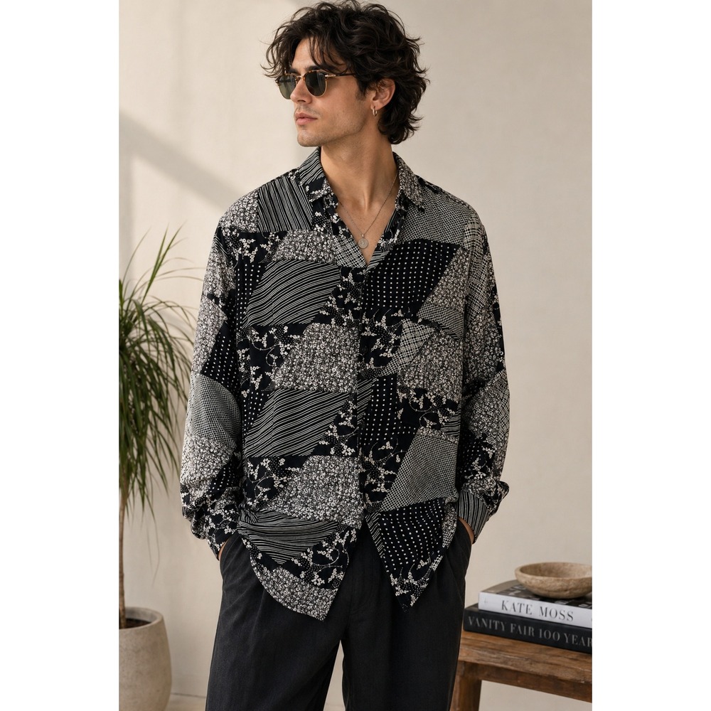 Goouch Vintage Black White Patchwork Rayon Button Down Shirt Mens M Long Slv